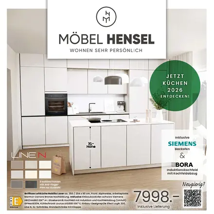 Weiße Küche mit Kochinsel, Siemens und Bora Geräten sowie Text Küchen 2026